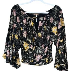Free People Last Time Print Top Black Combo Dramatic Bell Sleeve Size Small